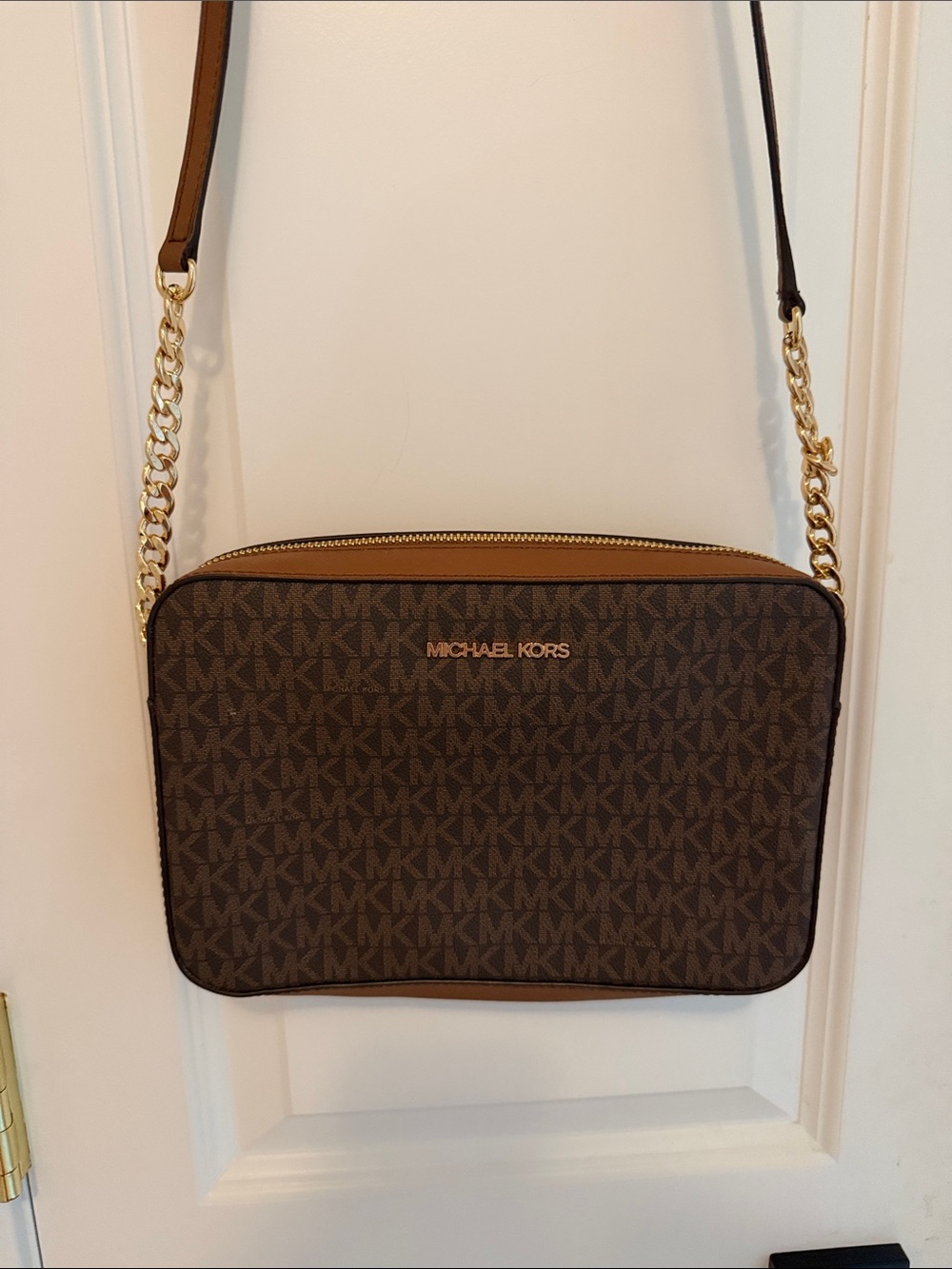 Michael Kors Brown Logo Crossbody with Gold Chain Strap